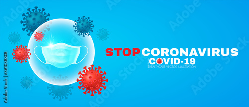 Wear you mask. Stop Coronavirus. COVID-2019 quarantine. Medical mask, save sphere and virus symbols. Healthcare design. photo