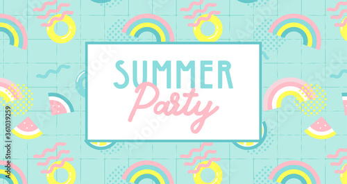 summer party banner. Summer funny wallpaper in memphis style. Fashionable styling template with watermelon, lemon and rainbow. vector design.
