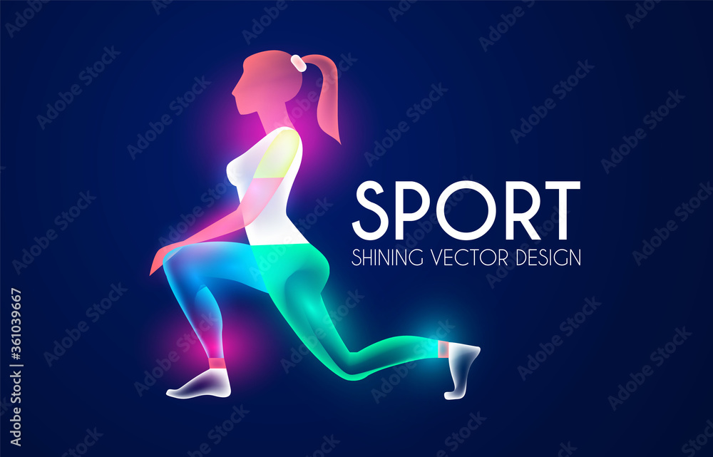 Sport and ads logo shining design. Fitness girl. Trendy character.
