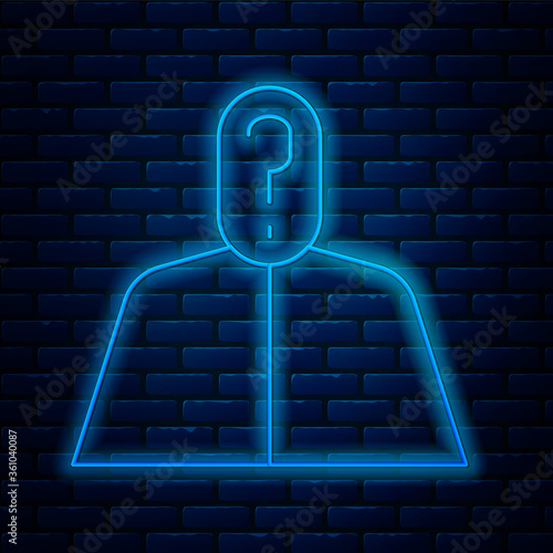 Glowing neon line Anonymous man with question mark icon isolated on brick wall background. Unknown user, incognito profile, business secrecy, obscurity. Vector Illustration.