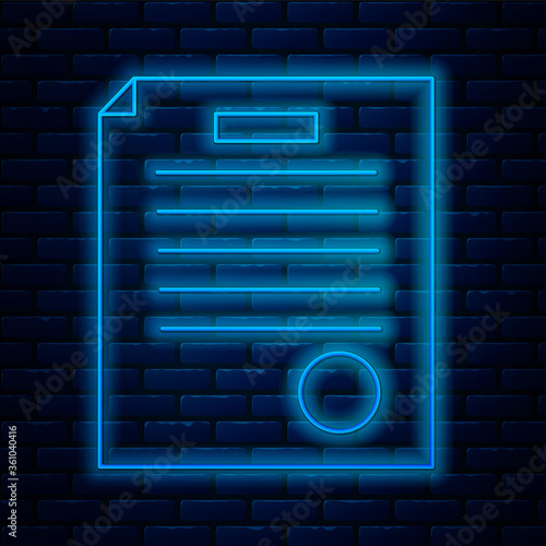 Glowing neon line The arrest warrant icon isolated on brick wall background. Warrant, police report, subpoena. Justice concept. Vector Illustration.