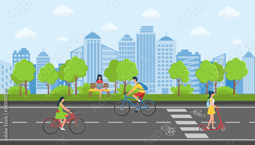 People relax in the Park against the bg of city buildings.A young girl and a man ride a Bicycle and a scooter.The girl work with a laptop.Concept of activity in city public Park.Summer day.Flat vector