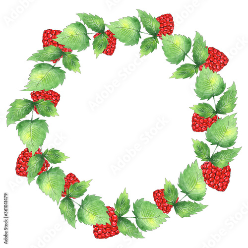 Watercolor raspberry and green leaves wreath