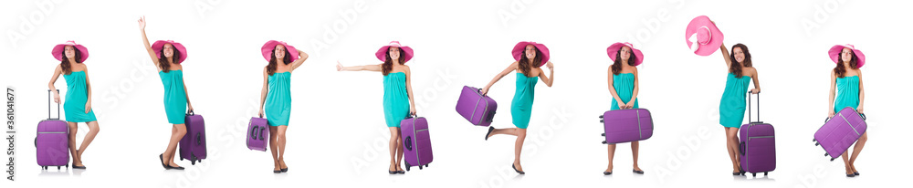 Girl with suitcases isolated on white