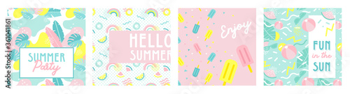 Design banner and card for summer season. Abstract geometric background with summer fruit, tropical leafs and beach scene. summer sale and summer text on modern texture backdrop. Vector illustration