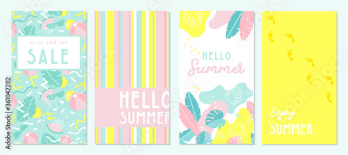 Design banner and card for summer season. Abstract geometric background with summer fruit, tropical leafs and beach scene. summer sale and summer text on modern texture backdrop. Vector illustration