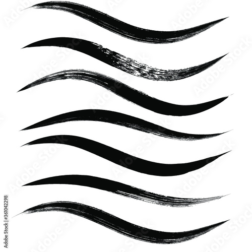 Makeup strokes, Set of mascara smudge, makeup eye pencil swatches, Beauty and cosmetic black brush smudges vector background. smear make up lines collection, liquid make up texture isolated on white.