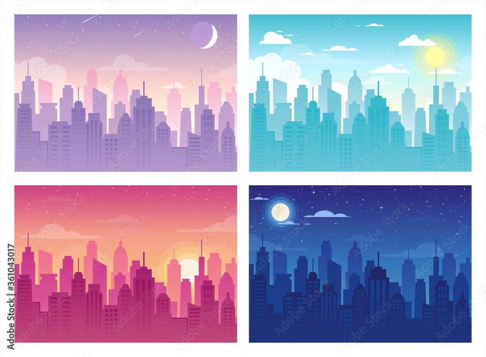 Vector illustration of City Urban Skyline Landscape, clouds, tower, buildings in flat style. Morning, day, evening and night cityscape. Silhouette downtown with skyscrapers and modern architecture.
