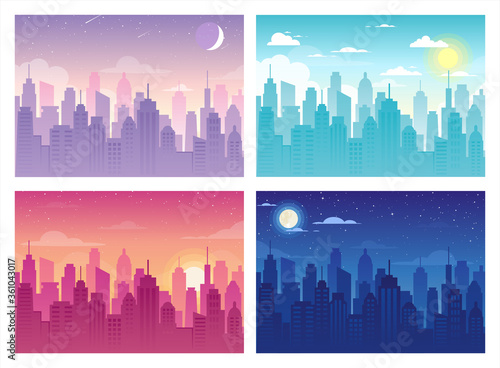 Vector illustration of City Urban Skyline Landscape, clouds, tower, buildings in flat style. Morning, day, evening and night cityscape. Silhouette downtown with skyscrapers and modern architecture.