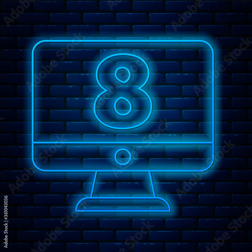 Glowing neon line 8 March on monitore icon isolated on brick wall background. International Happy Women Day. Vector Illustration.