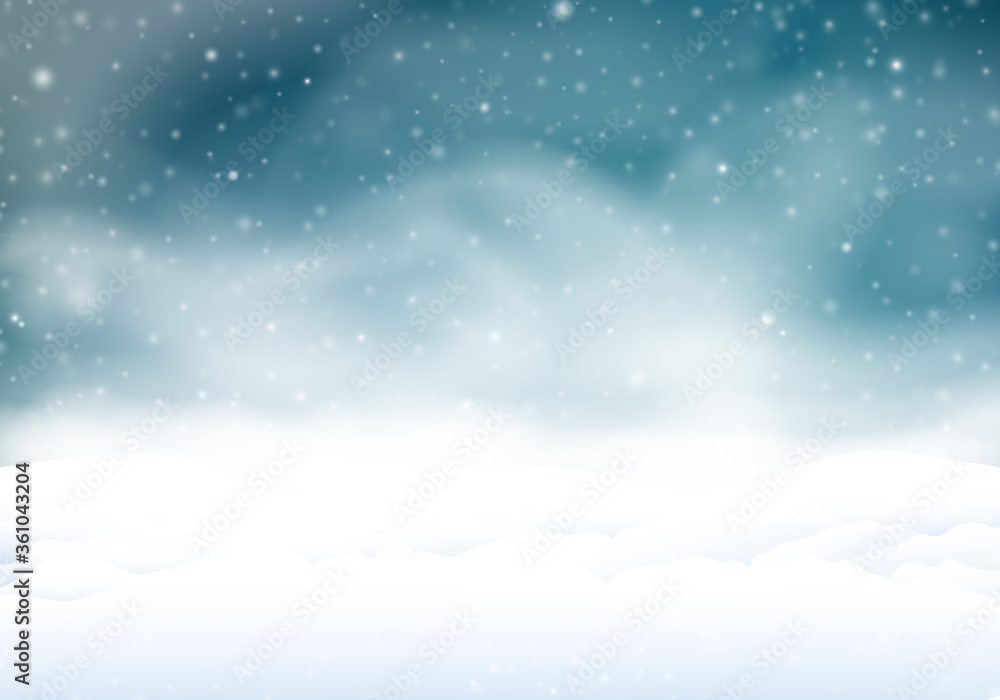 Winter background with snow banks, snowfall. Christmas vector design.