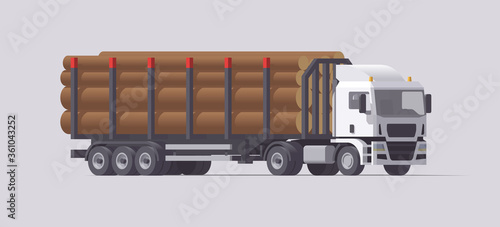 Semi truck carrying timber trailer. Isolated european tractor. Vector illustration