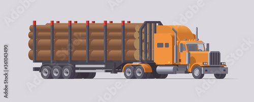 Semi truck carrying timber trailer. Isolated american retro tractor. Vector illustration