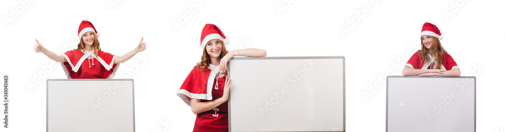 Young woman in red santa costume with blank board Young woman in red santa costume with blank board