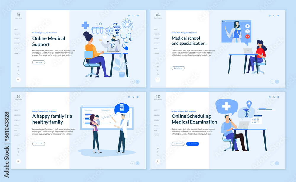Set of web page design templates on medicine and health care. Vector illustrations for website design and development. - obrazy, fototapety, plakaty 