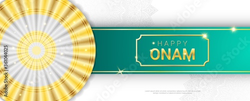 Happy Onam sparkling gold letters horizontal banner template. Harvest Hindu festival Malayali people celebrate in Kerala. Traditional Thiruvathirakali dance white and gold sari and mandala ornament.