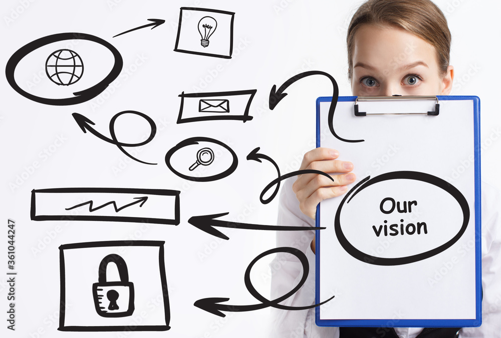 Business, technology, internet and network concept. Young businessman thinks over the steps for successful growth: Our vision Business, technology, internet and network concept. Young businessman thinks over the steps for successful growth: Our vision