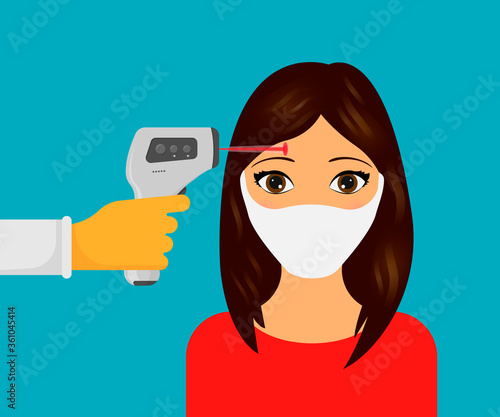 Temperature check. Doctor holding a non-contact thermometer in hand isolated on white background. Vector illustration.