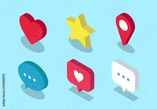 Set of Isometric icons for different apps. Contain such icons as like, star, location, message and more. - Vector