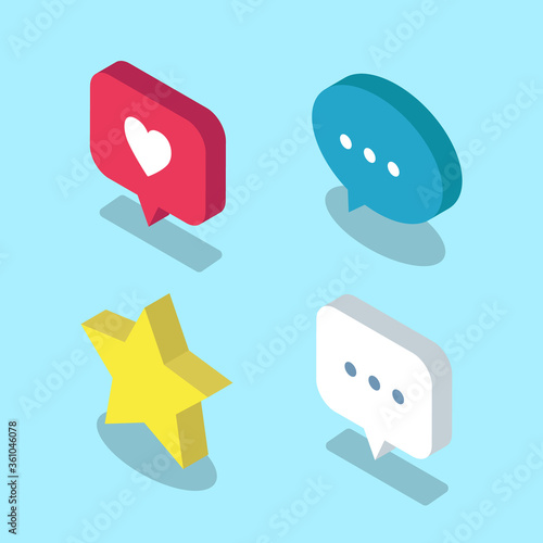 Set of social media Isometric icons, such as like, star and message bubble. - Vector
