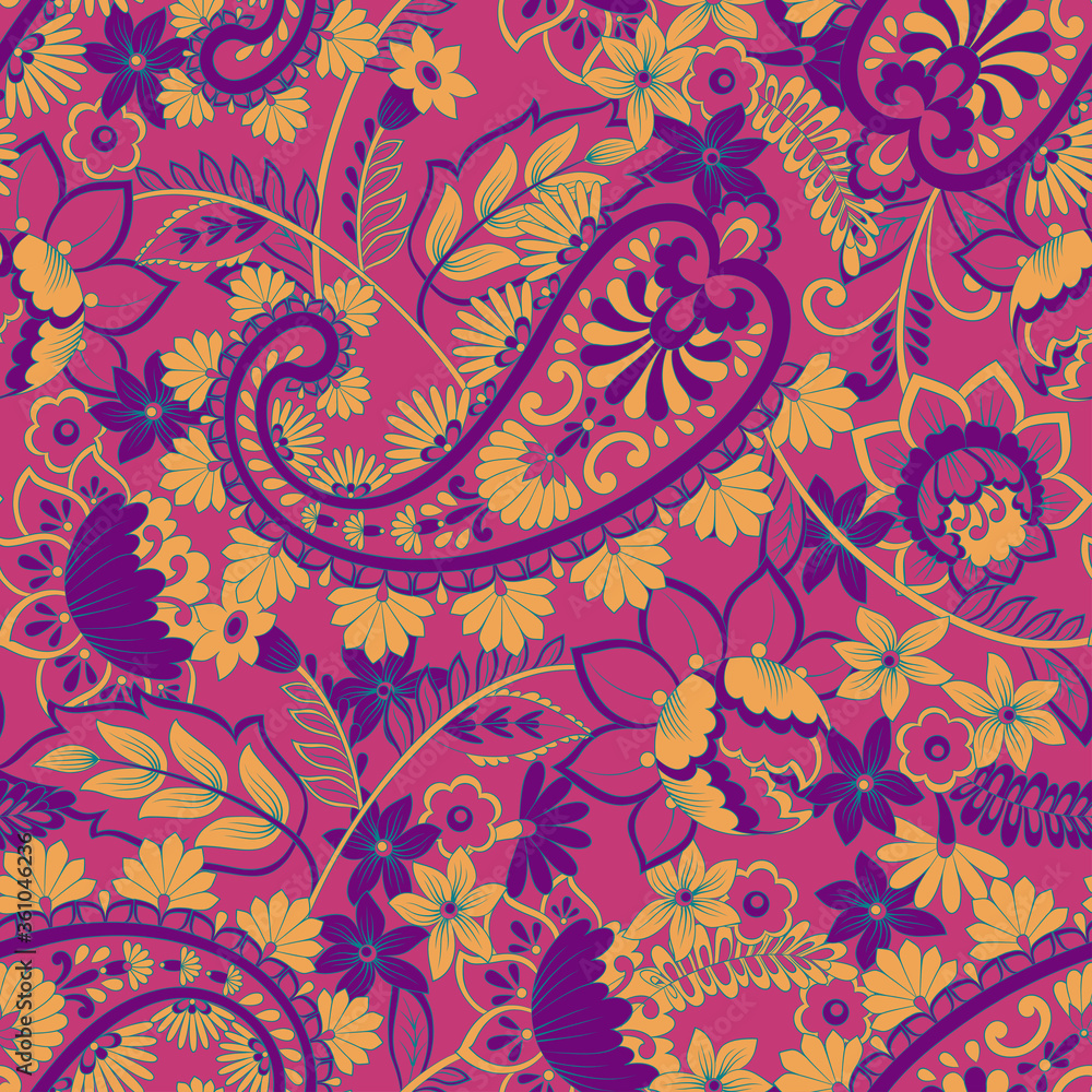 Fototapeta Paisley vector seamless pattern. Fantastic flower, leaves. Textile bohemian print. Batik painting. Vintage