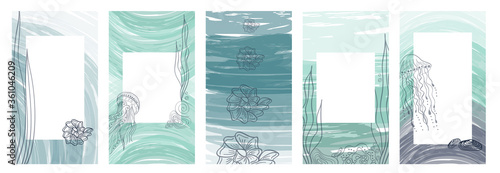 Abstract vector template with jellyfish, seaweed. Mint green and light blue fill with brush strokes. Marine vector design and illustration for social media, banner. Summer abstract texture design