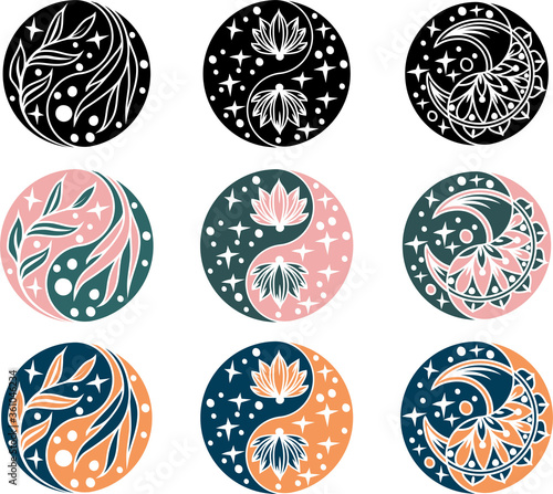 Silhouette collection of abstract Yin Yang symbol with mandala, moon, lotus, star. Indian silhouette yoga illustration. Vector mandala clipart for card, print, packing, poster in yoga style