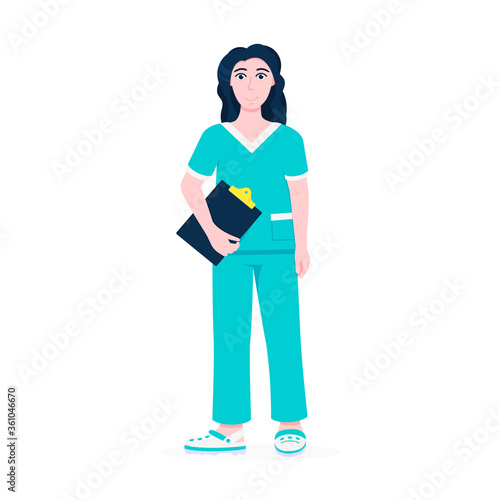 Nurse doctor standing with clipboard and smiling face flat style design vector illustration isolated on white background. Medical clinic hospital staff employee.
