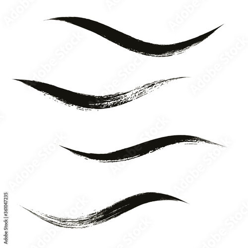 Makeup strokes, Set of mascara smudge, makeup eye pencil swatches, Beauty and cosmetic black brush smudges vector background. smear make up lines collection, liquid make up texture isolated on white.