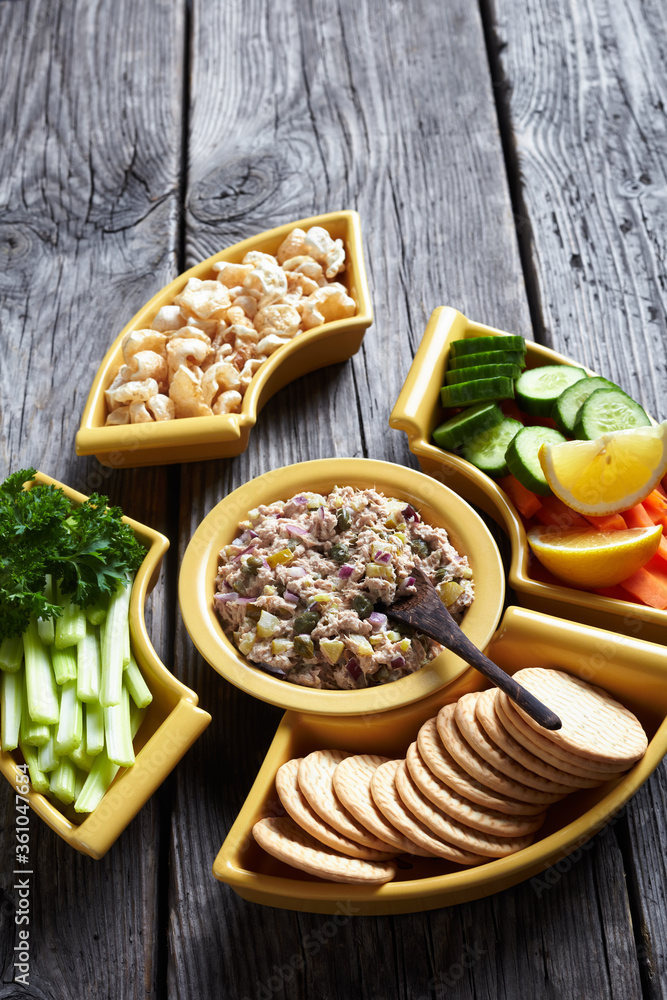 Tuna capers pickles salad set, top view Tuna capers pickles salad set, top view