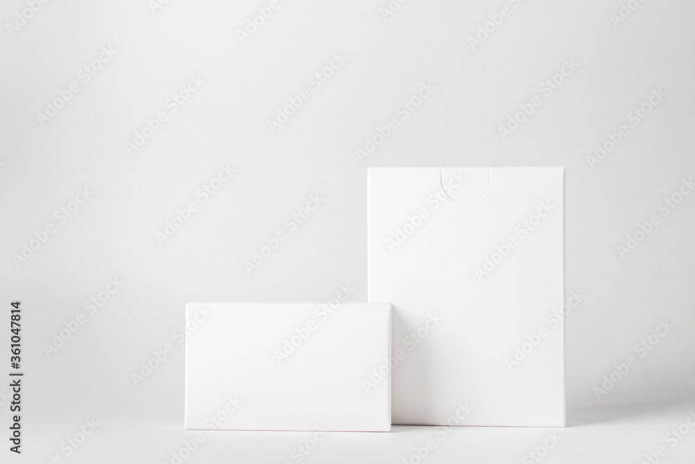 Two white boxes on a white background. On the boxes there is a place for inscriptions and logos Two white boxes on a white background. On the boxes there is a place for inscriptions and logos