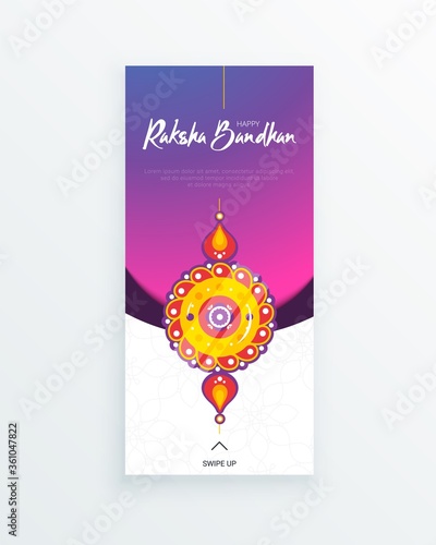 Happy Raksha Bandhan festival vertical story template. Traditional protection rakhi amulet to sisters from brothers and handwritten tag on vivid background. Hindu culture. Saluno, Silono or Rakri.