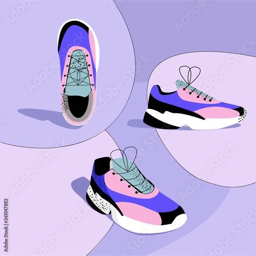 Modern fashionable sneakers on a violet background, front, side and top view. Vector hand drawn illustration. 