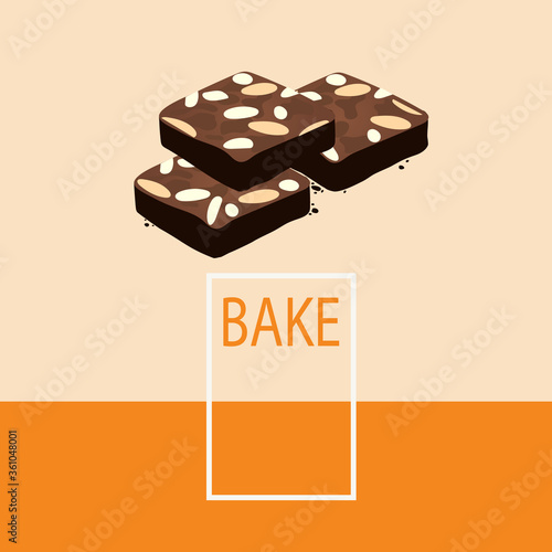 classic brownie chocolate cake with almond slice. vector illustration
