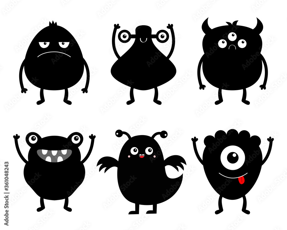 Happy Halloween. Monster black silhouette icon set. Eyes, horns, hands up, tongue. Six cute cartoon kawaii sad character. Funny baby collection. Isolated. White background. Flat design.