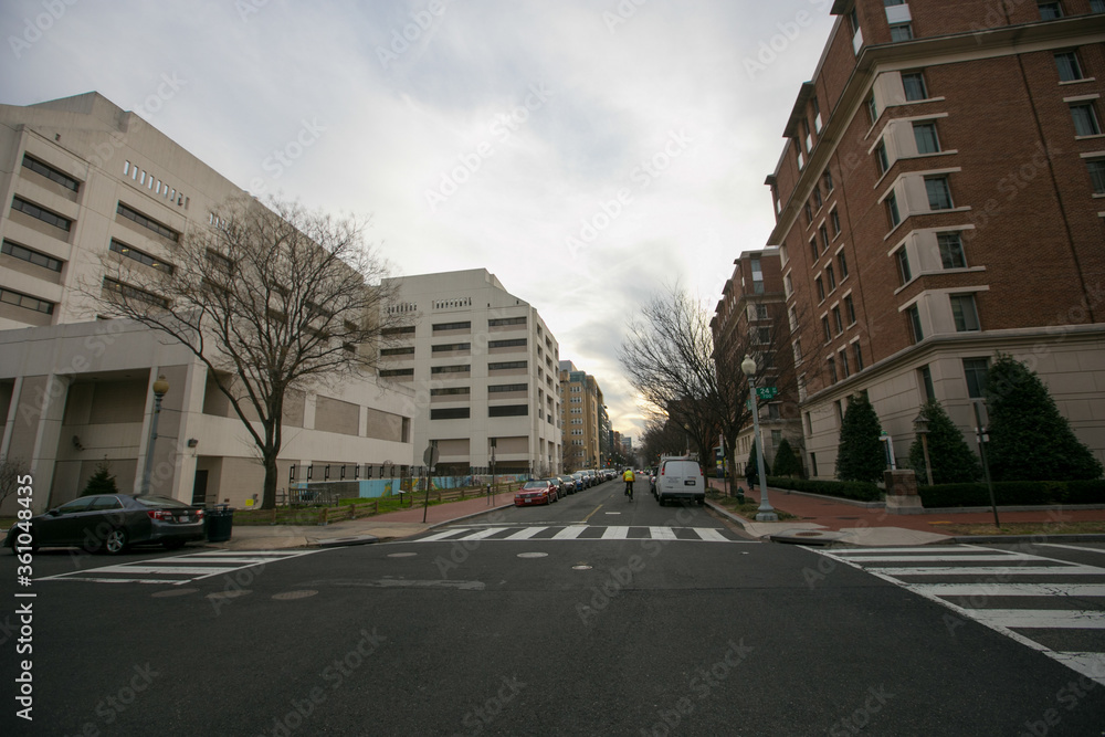 Spring, 2016 - Washington DC, USA - Empty well-groomed pedestrian crossing over the central road in Washington DC