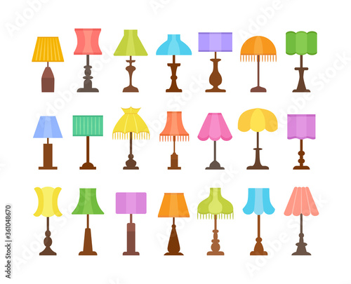 Vintage table lamps with different types of shades & bases. Flat icon set of desk light fixtures. Home antique lighting. Vector illustration
