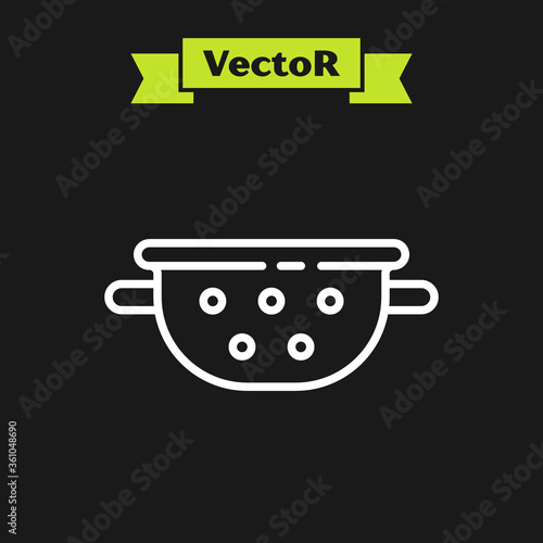 White line Kitchen colander icon isolated on black background. Cooking utensil. Cutlery sign. Vector.