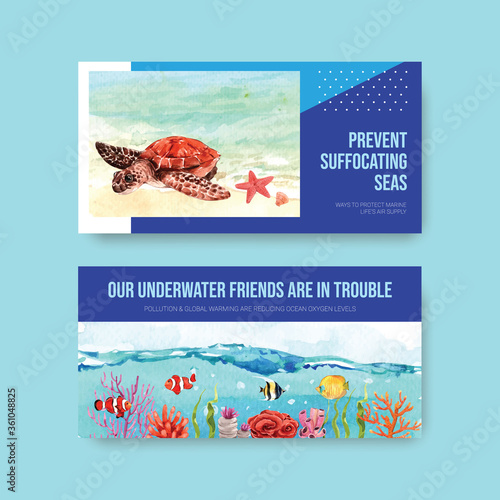 Twitter template design for World Oceans Day concept with marine animals watercolor vector