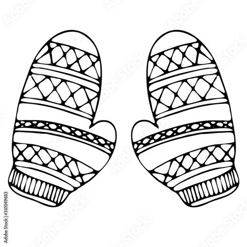warm knitted mittens, freehand drawing, vector element in doodle style, coloring book, black outline
