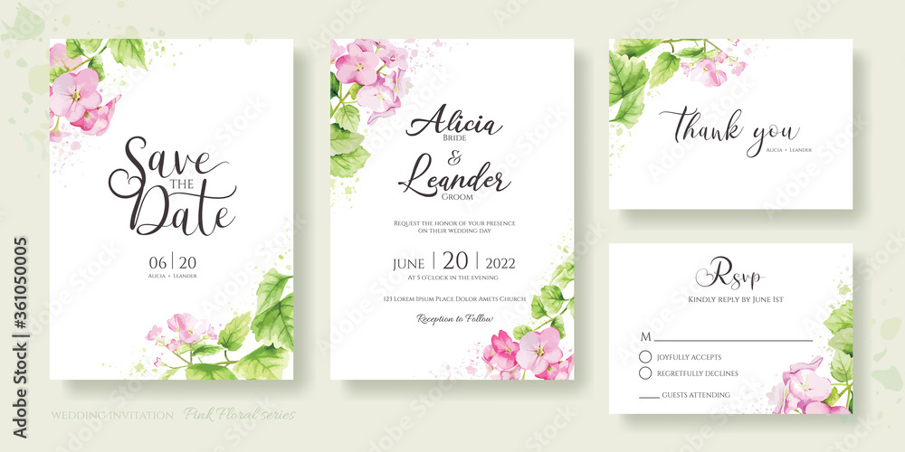Set of floral wedding Invitation card, save the date, thank you, rsvp template. Hydrangea, pink flower and greenery. watercolor style.