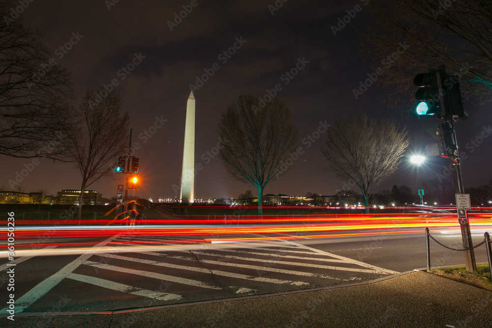 Pedestrian crossing leading to Washington Monument at night
