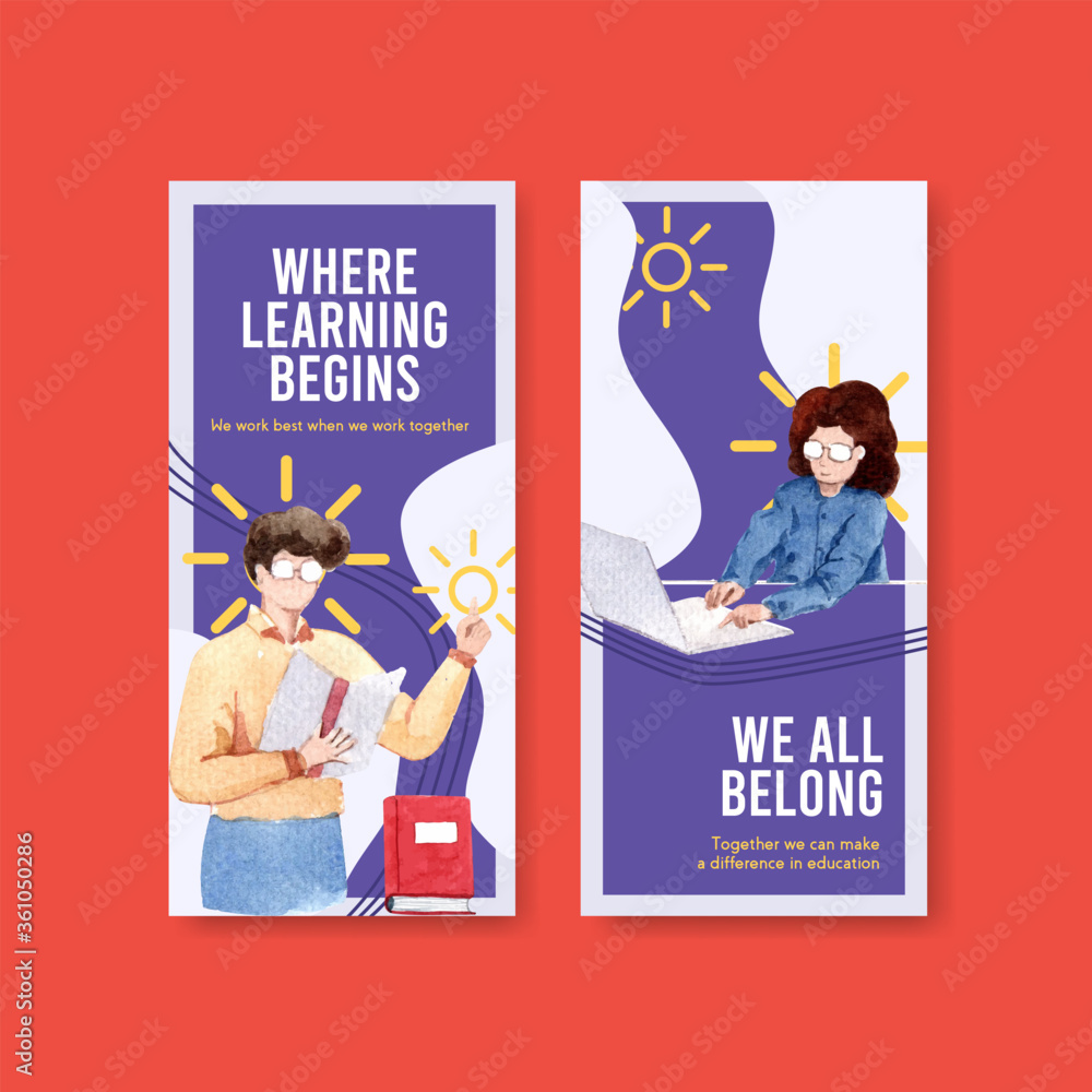 Obraz premium Szablon ulotki z projektem edukacji online dla broszury, ulotki i reklamy ilustracji wektorowych akwareli