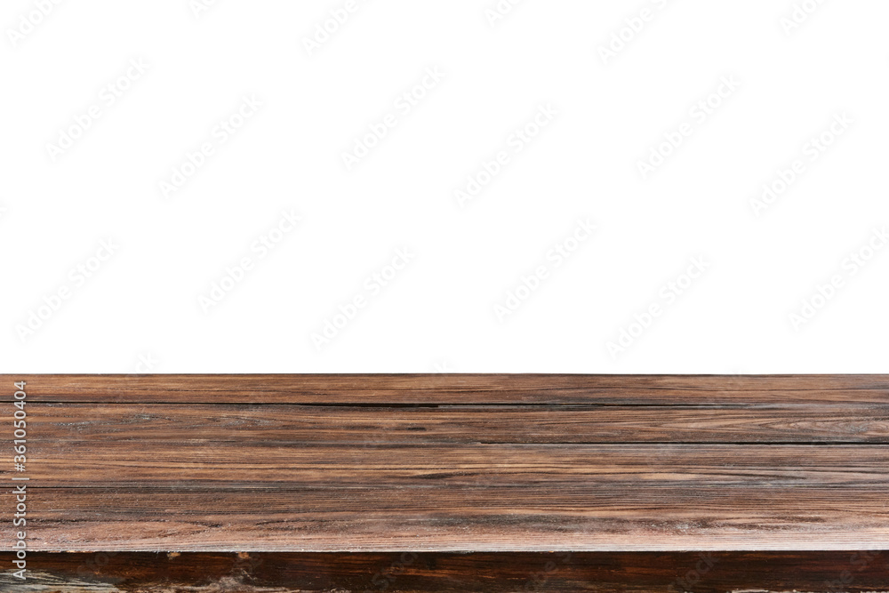 Natural aged oaken table on a white background for display or demonstration your products.