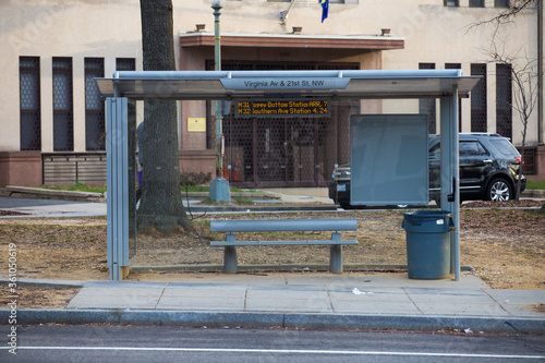 Spring, 2016 - Washington DC, USA - An empty public transport stop in the US capital Washington DC