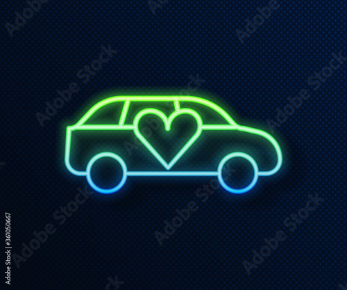 Glowing neon line Luxury limousine car icon isolated on blue background. For world premiere celebrities and guests poster. Vector.
