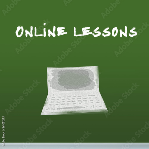 Text "online lessons" written on the blackboard, concept
