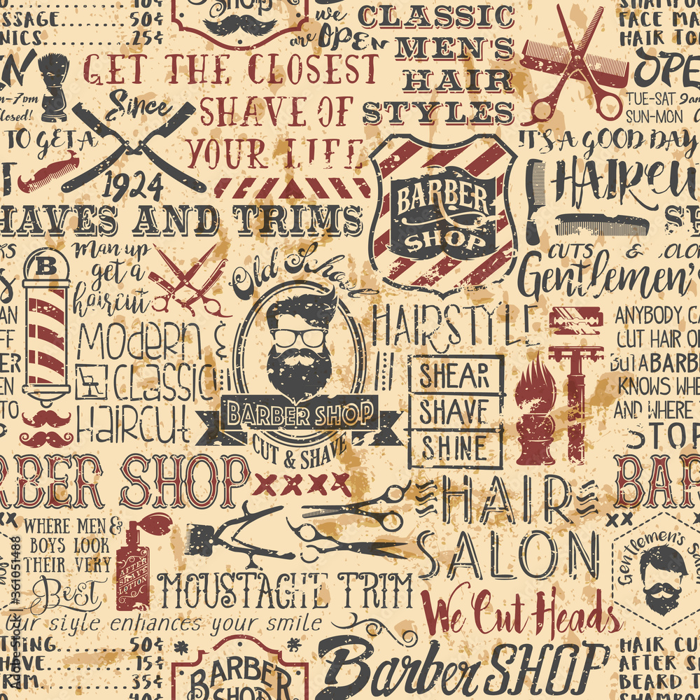 Grunge barber shop vintage elements vector seamless pattern