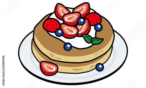 お皿に乗ったブルーベリーといちごのパンケーキ