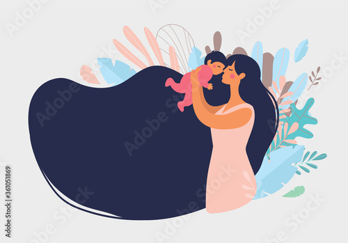 Beautiful young mother holds a baby. The concept of family, motherhood, pregnancy. Modern vector flat illustration. Clipart for design with place for text